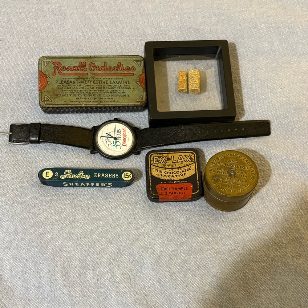 Vintage Tins + Disney Watch +  Framed Fossils
